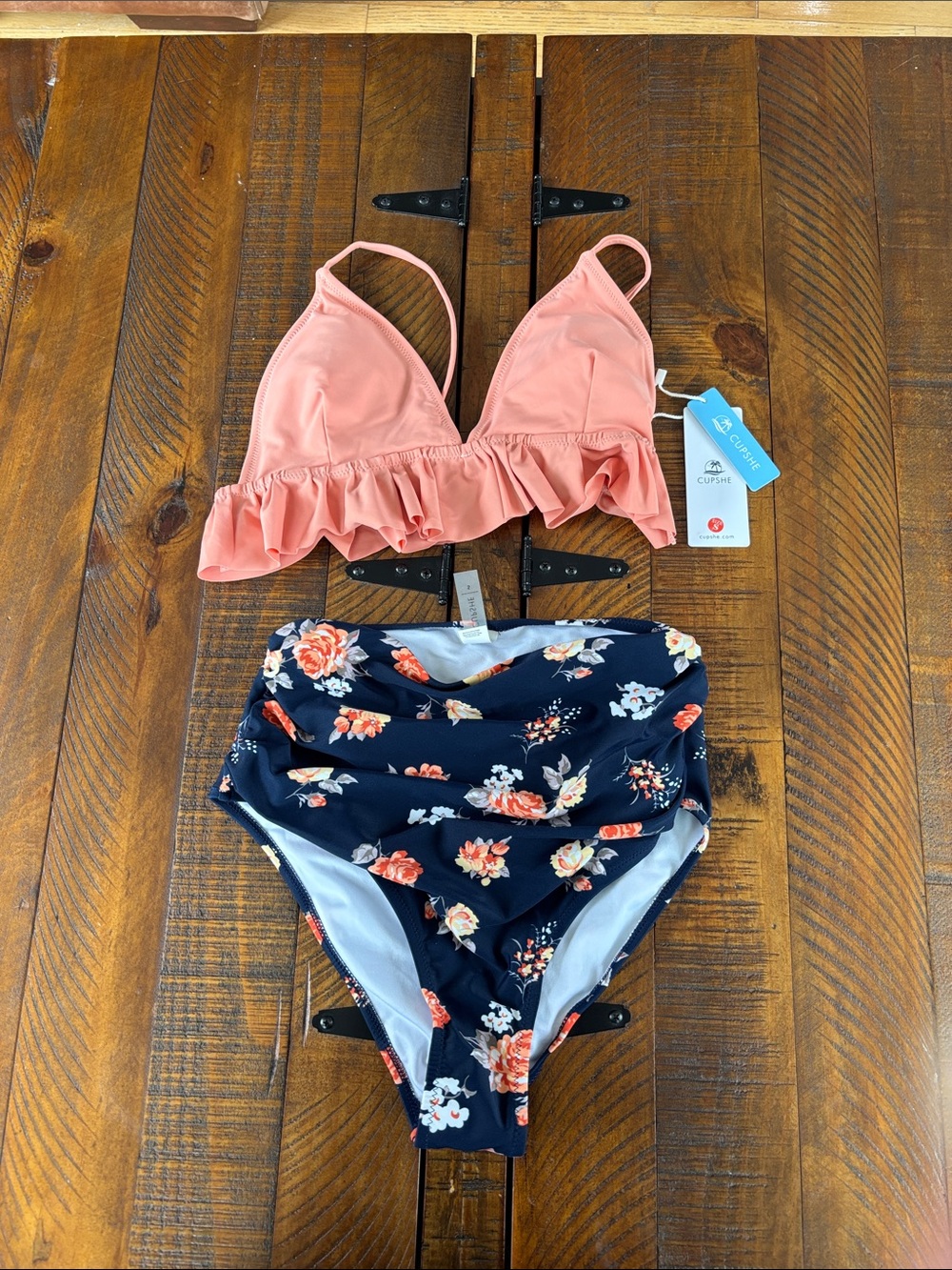 NWT Cupshe Bikini Set Small Peach Ruffle Too Navy Flirak Hugh Waist Swimwear